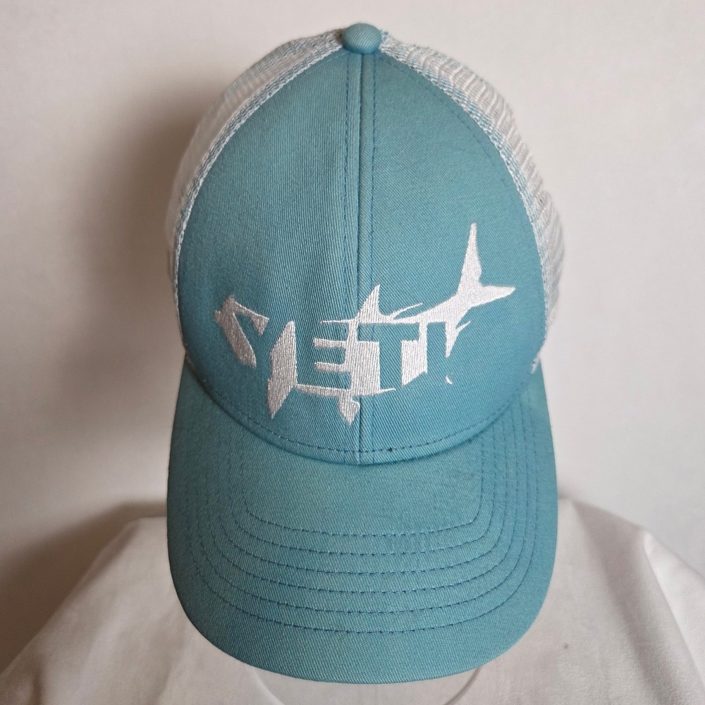YETI Coolers Shark Logo Trucker Hat Teal Blue White Mesh Snapback Cap Beach